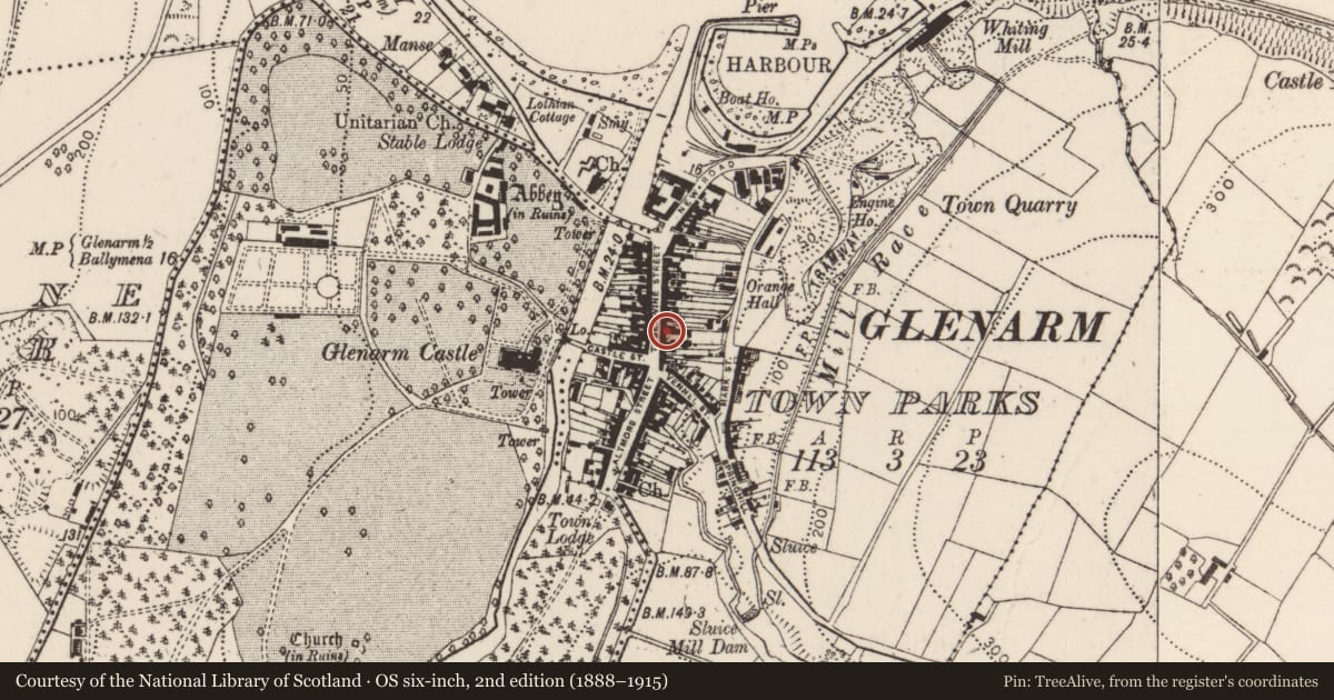 Ordnance Survey six-inch map, 2nd edition (1888–1915) covering the location of Former Antrim Arms Hotel, Glenarm Town Parks, Mid and East Antrim, with a pin at the register's coordinates