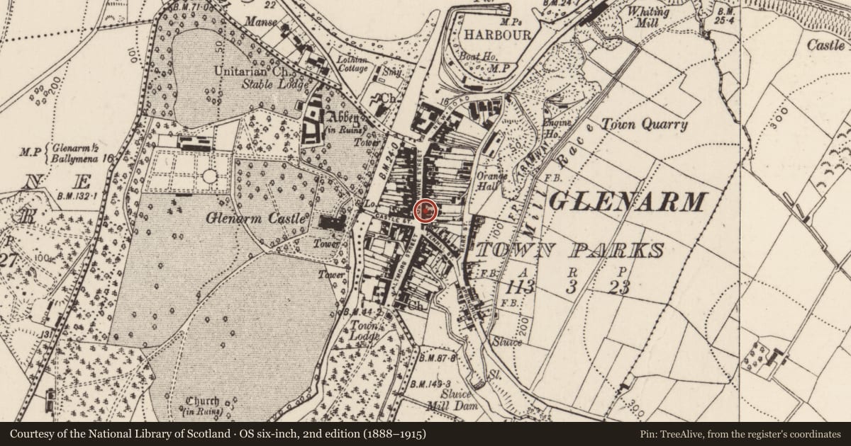Ordnance Survey six-inch map, 2nd edition (1888–1915) covering the location of 56 Toberwine Street, Glenarm Town Parks, Mid and East Antrim, with a pin at the register's coordinates