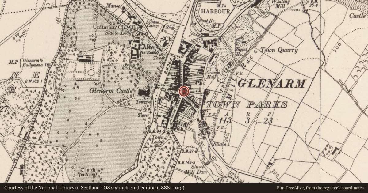 Ordnance Survey six-inch map, 2nd edition (1888–1915) covering the location of 62 Toberwine Street, Glenarm Town Parks, Mid and East Antrim, with a pin at the register's coordinates