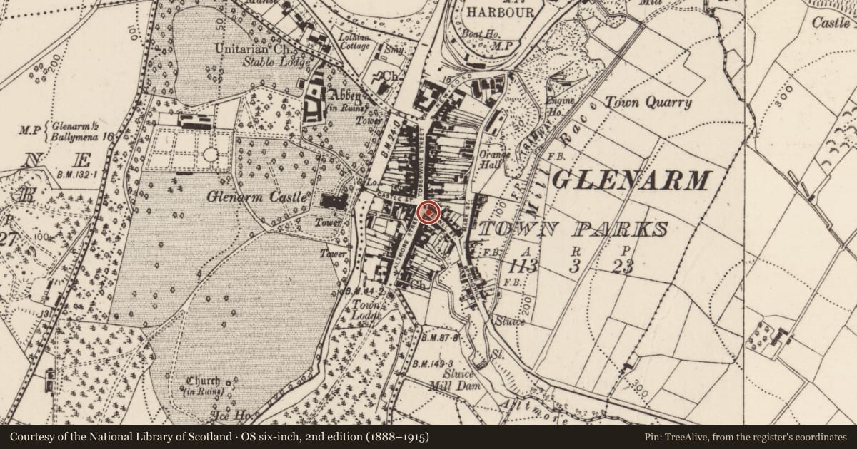 Ordnance Survey six-inch map, 2nd edition (1888–1915) covering the location of 1-3 The Vennel, Glenarm Town Parks, Mid and East Antrim, with a pin at the register's coordinates