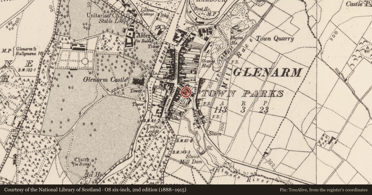 Ordnance Survey six-inch map, 2nd edition (1888–1915) covering the location of 11 Vennel Street (The Vennel), Glenarm Town Parks, Mid and East Antrim, with a pin at the register's coordinates
