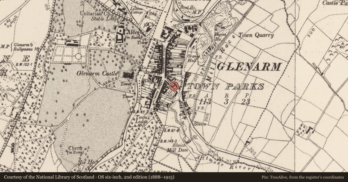 Ordnance Survey six-inch map, 2nd edition (1888–1915) covering the location of 13 Vennel Street (The Vennel), Glenarm Town Parks, Mid and East Antrim, with a pin at the register's coordinates