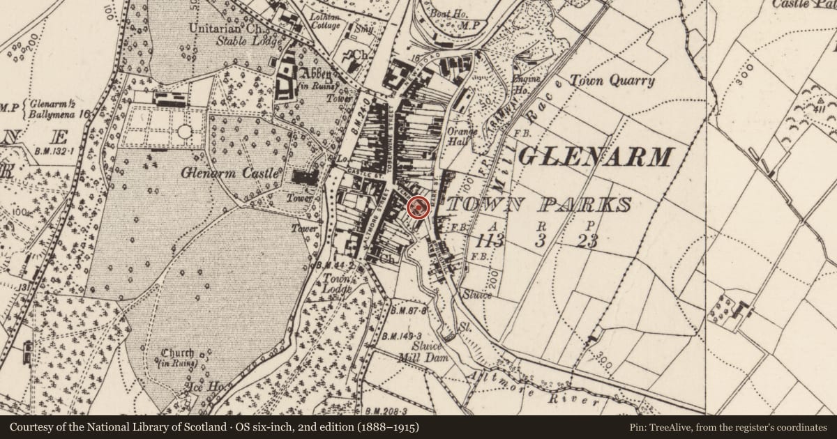 Ordnance Survey six-inch map, 2nd edition (1888–1915) covering the location of 17 Vennel Street (The Vennel), Glenarm Town Parks, Mid and East Antrim, with a pin at the register's coordinates