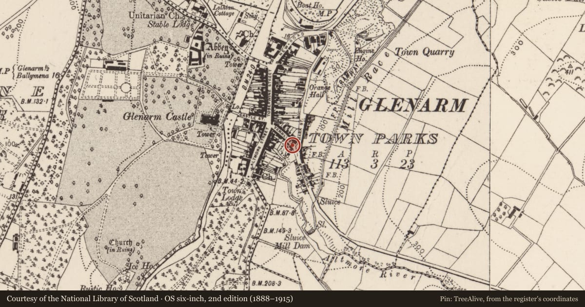 Ordnance Survey six-inch map, 2nd edition (1888–1915) covering the location of 21-23 Vennel Street (The Vennel), Glenarm Town Parks, Mid and East Antrim, with a pin at the register's coordinates