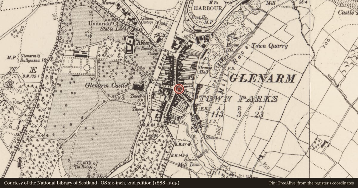 Ordnance Survey six-inch map, 2nd edition (1888–1915) covering the location of 2 The Vennel, Glenarm Town Parks, Mid and East Antrim, with a pin at the register's coordinates