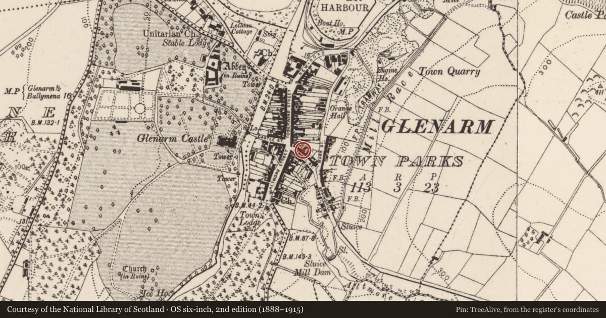 Ordnance Survey six-inch map, 2nd edition (1888–1915) covering the location of 10 The Vennel, Glenarm Town Parks, Mid and East Antrim, with a pin at the register's coordinates