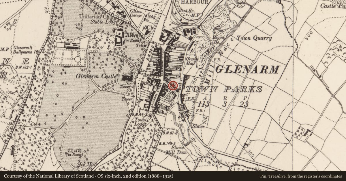 Ordnance Survey six-inch map, 2nd edition (1888–1915) covering the location of 16 The Vennel, Glenarm Town Parks, Mid and East Antrim, with a pin at the register's coordinates