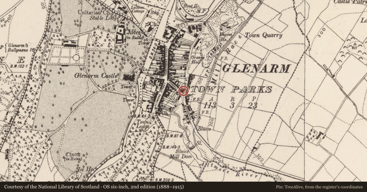 Ordnance Survey six-inch map, 2nd edition (1888–1915) covering the location of 26-28 The Vennel, Glenarm Town Parks, Mid and East Antrim, with a pin at the register's coordinates