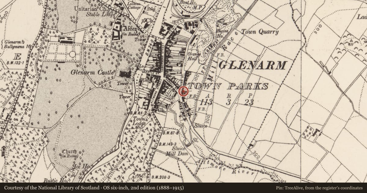 Ordnance Survey six-inch map, 2nd edition (1888–1915) covering the location of 7 Mark Street, Glenarm Town Parks, Mid and East Antrim, with a pin at the register's coordinates