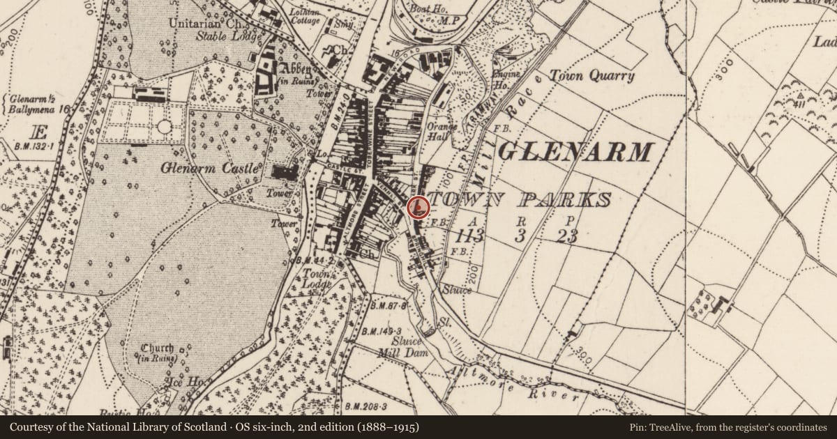 Ordnance Survey six-inch map, 2nd edition (1888–1915) covering the location of 9 Mark Street, Glenarm Town Parks, Mid and East Antrim, with a pin at the register's coordinates