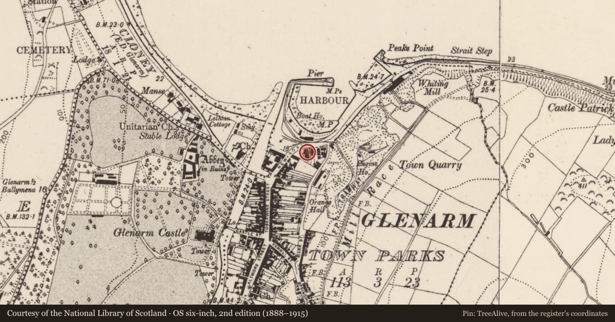 Ordnance Survey six-inch map, 2nd edition (1888–1915) covering the location of Church of the Immaculate Conception (RC), Glenarm Town Parks, Mid and East Antrim, with a pin at the register's coordinates