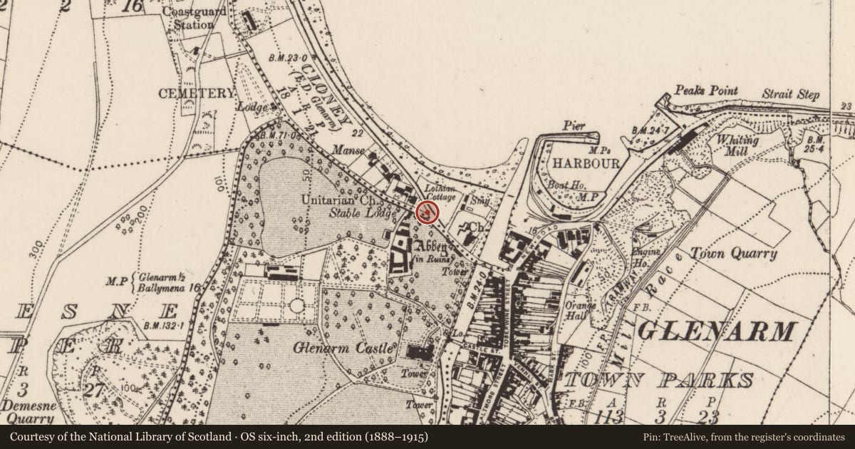 Ordnance Survey six-inch map, 2nd edition (1888–1915) covering the location of Memorial (former drinking fountain), Cloney, Mid and East Antrim, with a pin at the register's coordinates
