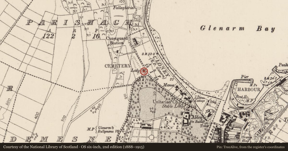 Ordnance Survey six-inch map, 2nd edition (1888–1915) covering the location of Lodge and council cemetery, Parishagh, Mid and East Antrim, with a pin at the register's coordinates