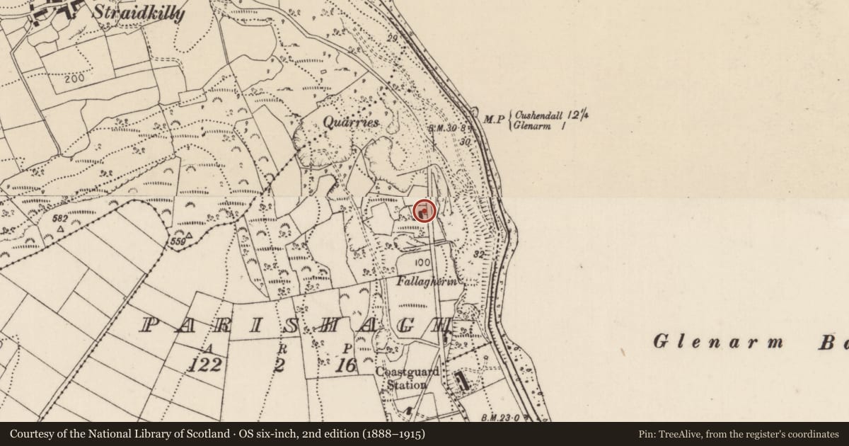 Ordnance Survey six-inch map, 2nd edition (1888–1915) covering the location of 16 Straidkilly Road, Parishagh, Mid and East Antrim, with a pin at the register's coordinates