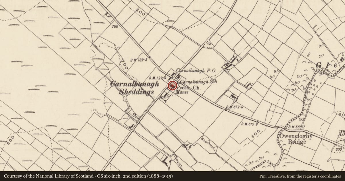 Ordnance Survey six-inch map, 2nd edition (1888–1915) covering the location of Cairnalbana Presbyterian Church, Carnalbanagh, Mid and East Antrim, with a pin at the register's coordinates