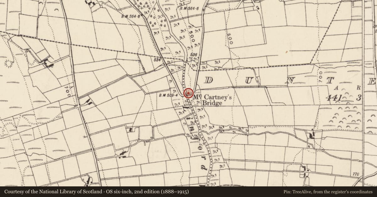 Ordnance Survey six-inch map, 2nd edition (1888–1915) covering the location of McCartney's Bridge, Aughaboy, Mid and East Antrim, with a pin at the register's coordinates