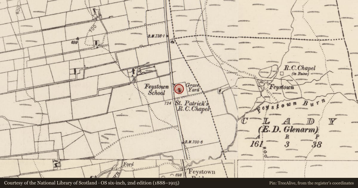 Ordnance Survey six-inch map, 2nd edition (1888–1915) covering the location of Feystown RC Church, Deer Park Farms, Mid and East Antrim, with a pin at the register's coordinates