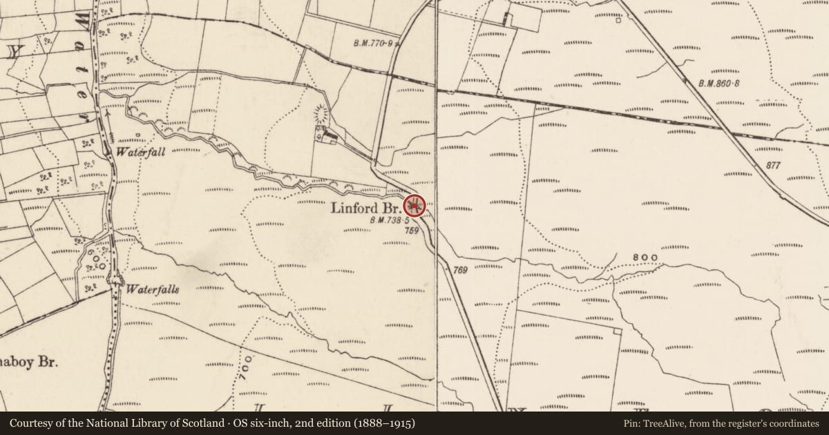 Ordnance Survey six-inch map, 2nd edition (1888–1915) covering the location of Linford Bridge, Mid and East Antrim, with a pin at the register's coordinates