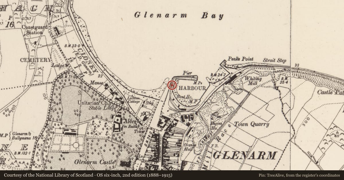 Ordnance Survey six-inch map, 2nd edition (1888–1915) covering the location of Glenarm Harbour, Glenarm Town Parks, Mid and East Antrim, with a pin at the register's coordinates