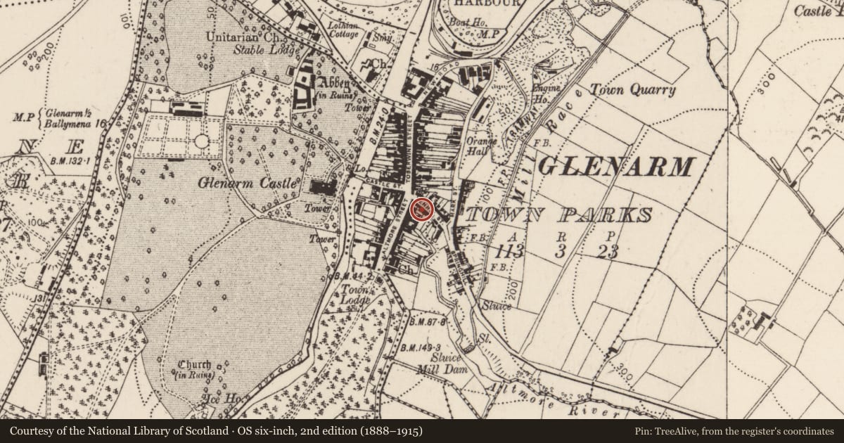 Ordnance Survey six-inch map, 2nd edition (1888–1915) covering the location of Telephone Kiosk, Glenarm Town Parks, Mid and East Antrim, with a pin at the register's coordinates