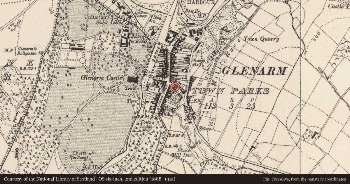 Ordnance Survey six-inch map, 2nd edition (1888–1915) covering the location of 9 The Vennel, Glenarm Town Parks, Mid and East Antrim, with a pin at the register's coordinates