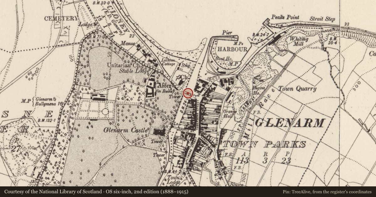 Ordnance Survey six-inch map, 2nd edition (1888–1915) covering the location of Glenarm Bridge, Glenarm Town Parks, Mid and East Antrim, with a pin at the register's coordinates