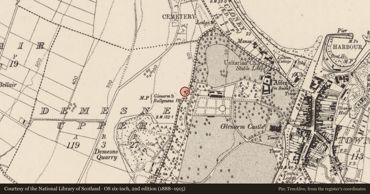Ordnance Survey six-inch map, 2nd edition (1888–1915) covering the location of Milepost, Demesne Upper, Mid and East Antrim, with a pin at the register's coordinates