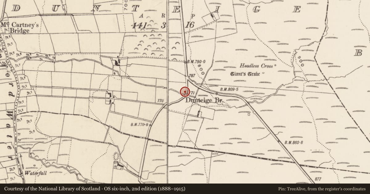 Ordnance Survey six-inch map, 2nd edition (1888–1915) covering the location of Dunteige Bridge, Mid and East Antrim, with a pin at the register's coordinates