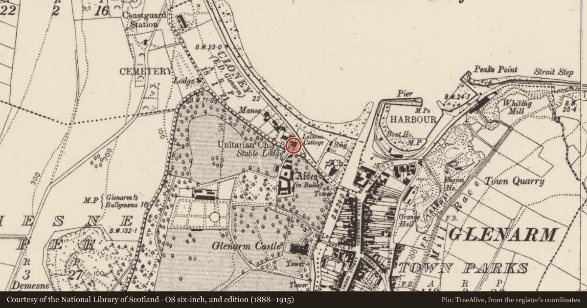 Ordnance Survey six-inch map, 2nd edition (1888–1915) covering the location of Lothian Cottage, Cloney, Mid and East Antrim, with a pin at the register's coordinates