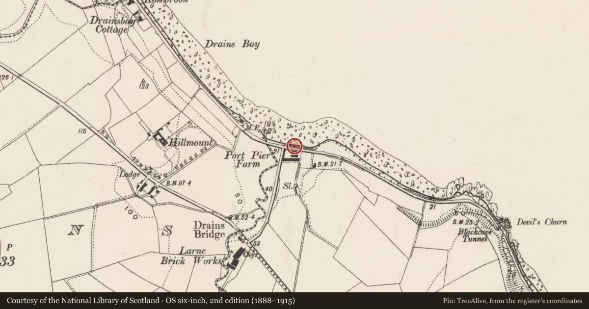 Ordnance Survey six-inch map, 2nd edition (1888–1915) covering the location of Threshing Mill at Port Pier Farm, Blackcave North, Mid and East Antrim, with a pin at the register's coordinates