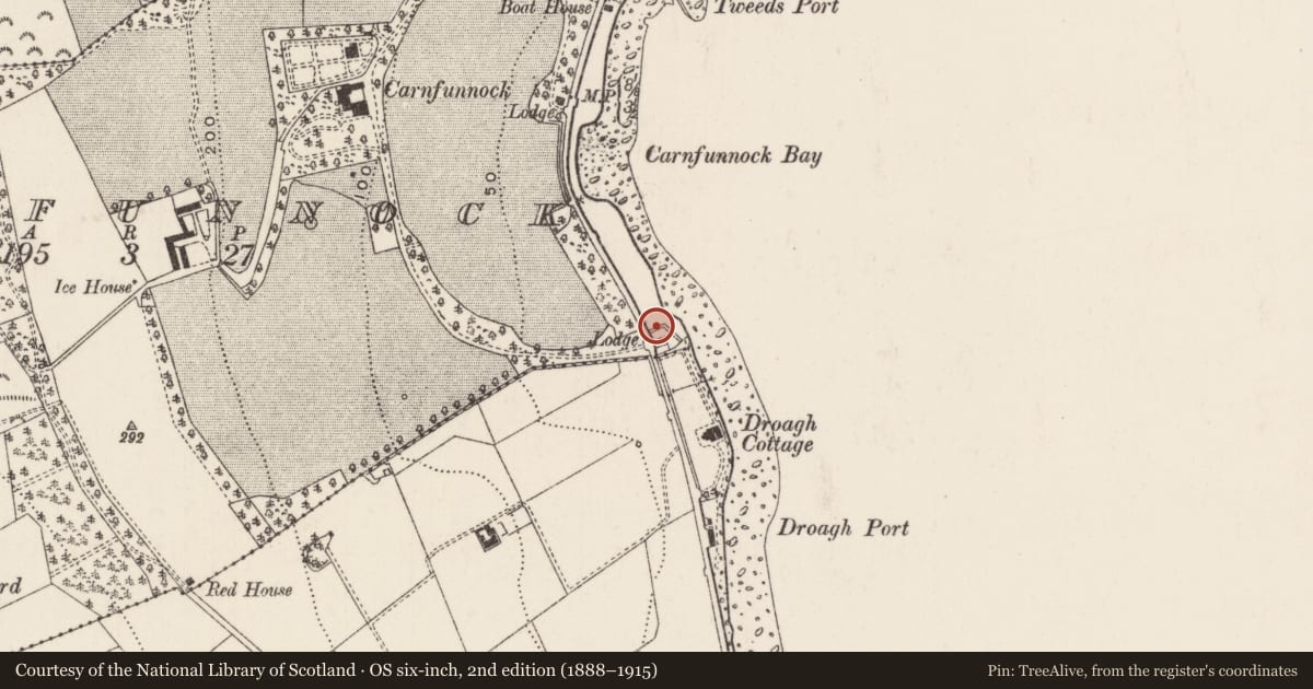 Ordnance Survey six-inch map, 2nd edition (1888–1915) covering the location of 179 Coast Road, Carnfunnock, Mid and East Antrim, with a pin at the register's coordinates