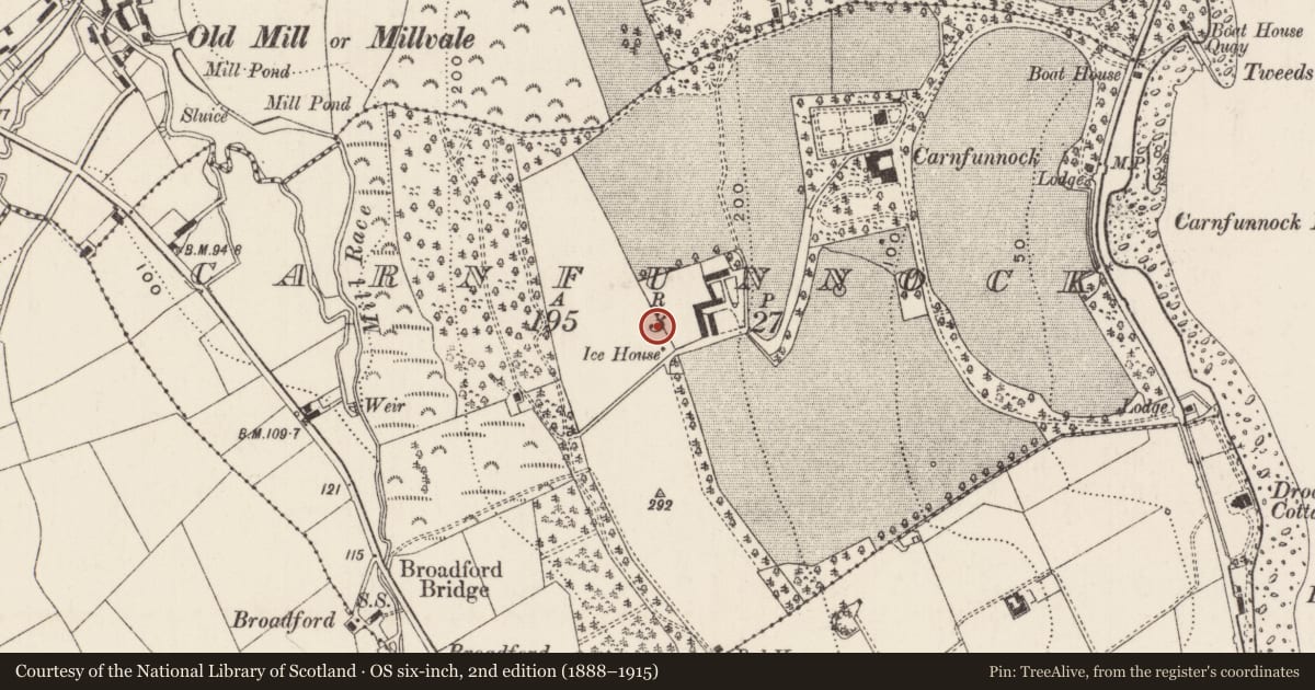 Ordnance Survey six-inch map, 2nd edition (1888–1915) covering the location of Ice House at Carnfunnock Country Park, Mid and East Antrim, with a pin at the register's coordinates