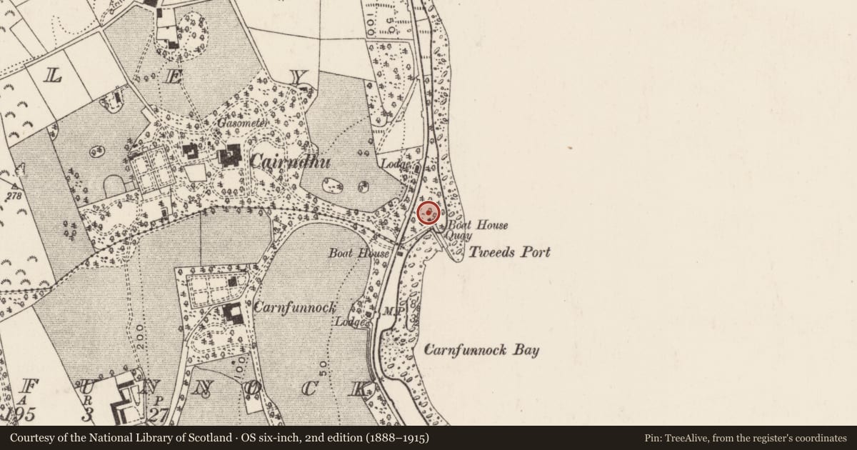 Ordnance Survey six-inch map, 2nd edition (1888–1915) covering the location of Boat House at Tweeds Port, Ballygalley, Mid and East Antrim, with a pin at the register's coordinates