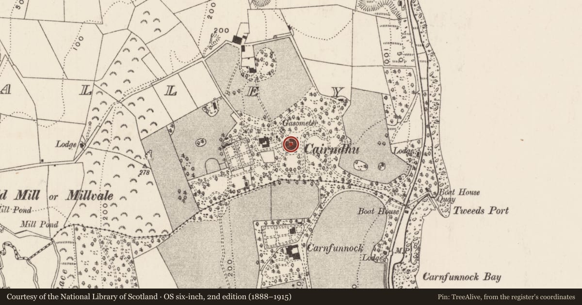 Ordnance Survey six-inch map, 2nd edition (1888–1915) covering the location of Cairndhu, Ballygalley, Mid and East Antrim, with a pin at the register's coordinates