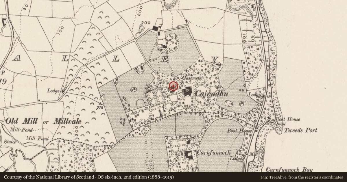Ordnance Survey six-inch map, 2nd edition (1888–1915) covering the location of Stables at Cairndhu, Ballygalley, Mid and East Antrim, with a pin at the register's coordinates