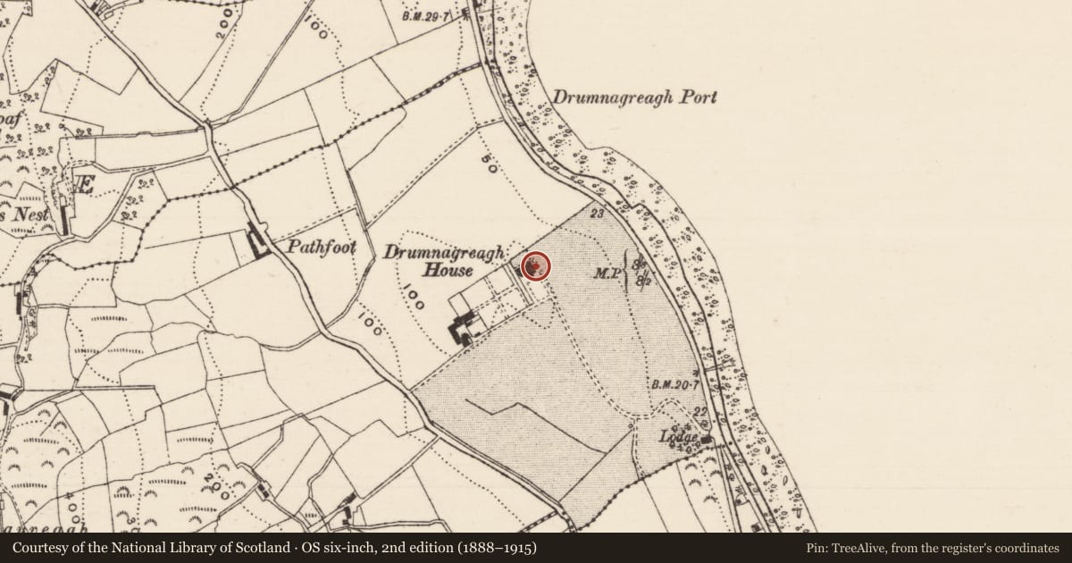 Ordnance Survey six-inch map, 2nd edition (1888–1915) covering the location of Drumnagreagh Hotel, Mid and East Antrim, with a pin at the register's coordinates