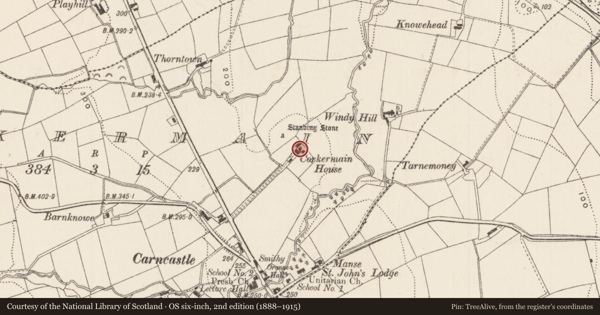 Ordnance Survey six-inch map, 2nd edition (1888–1915) covering the location of Corkermain House, Mid and East Antrim, with a pin at the register's coordinates