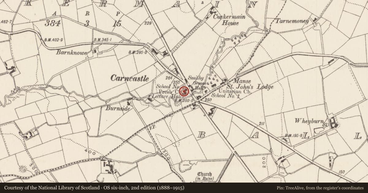 Ordnance Survey six-inch map, 2nd edition (1888–1915) covering the location of Presbyterian Church, Corkermain, Mid and East Antrim, with a pin at the register's coordinates
