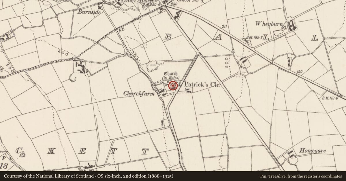 Ordnance Survey six-inch map, 2nd edition (1888–1915) covering the location of St Patrick’s C of I Church, Ballygalley, Mid and East Antrim, with a pin at the register's coordinates