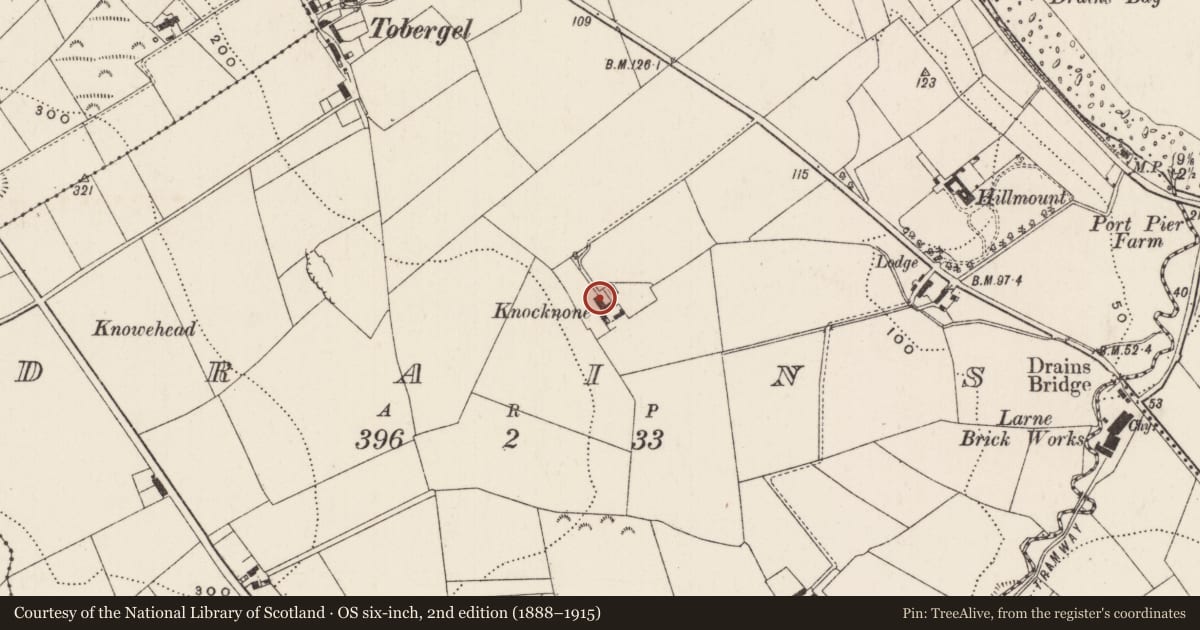 Ordnance Survey six-inch map, 2nd edition (1888–1915) covering the location of Knocknowan, Drains, Mid and East Antrim, with a pin at the register's coordinates