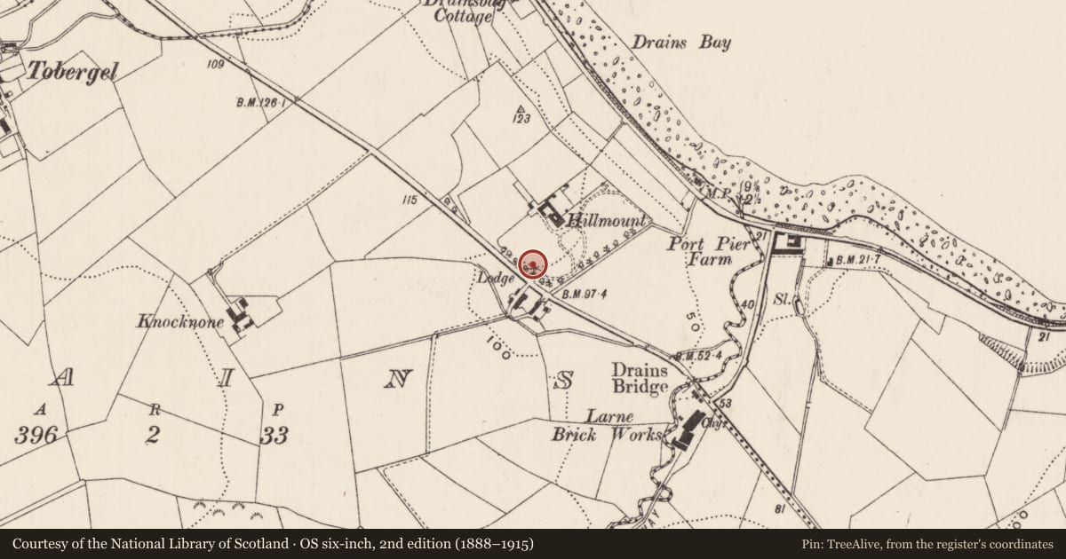 Ordnance Survey six-inch map, 2nd edition (1888–1915) covering the location of Lodge at Hillmount, Drains, Mid and East Antrim, with a pin at the register's coordinates