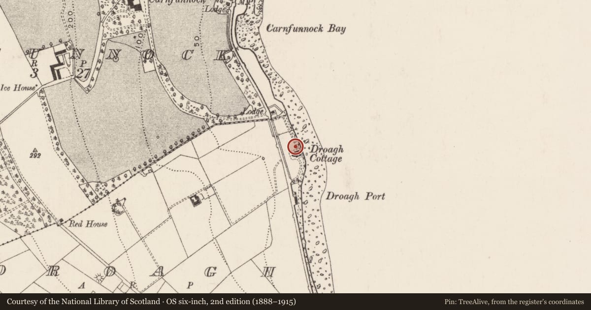Ordnance Survey six-inch map, 2nd edition (1888–1915) covering the location of Droagh Cottage, Mid and East Antrim, with a pin at the register's coordinates