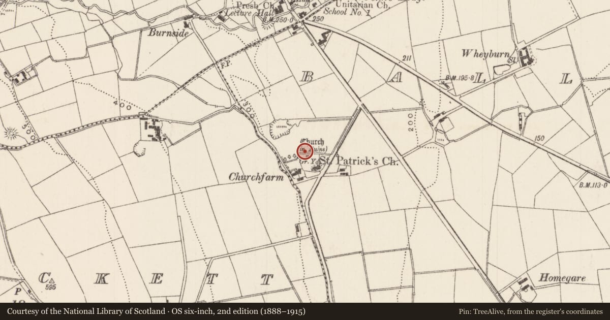 Ordnance Survey six-inch map, 2nd edition (1888–1915) covering the location of Porter Memorial Cross, Ballygally, Mid and East Antrim, with a pin at the register's coordinates
