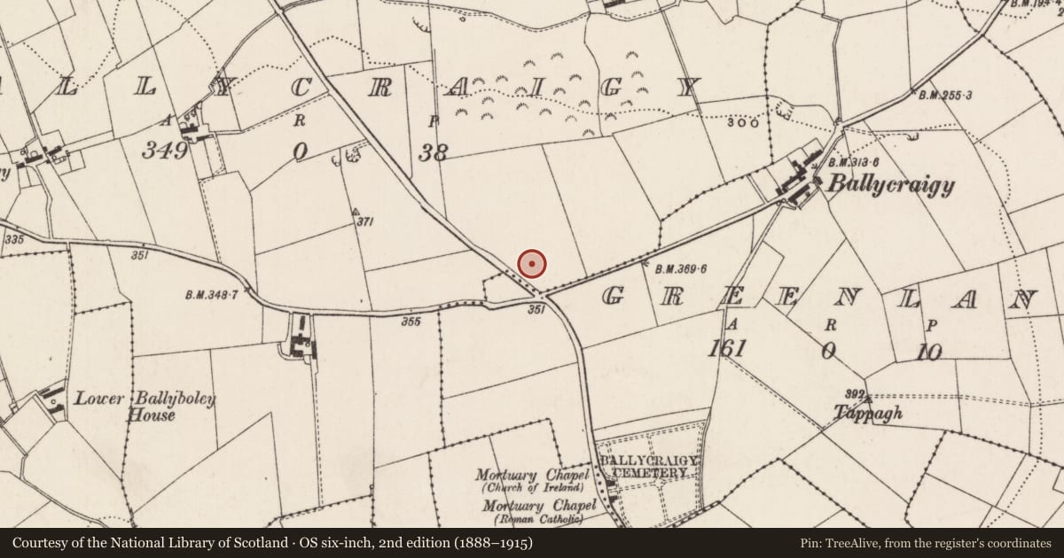 Ordnance Survey six-inch map, 2nd edition (1888–1915) covering the location of Craigy Hill Methodist Church, None, Mid and East Antrim, with a pin at the register's coordinates