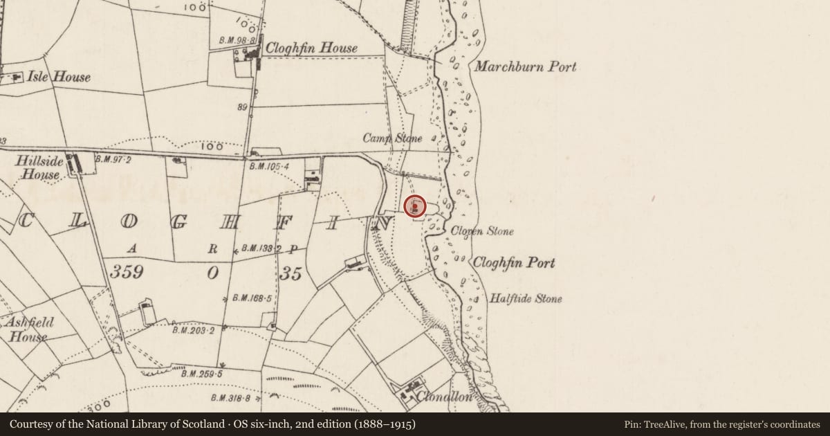 Ordnance Survey six-inch map, 2nd edition (1888–1915) covering the location of 40 Port Road, Cloghfin, Mid and East Antrim, with a pin at the register's coordinates