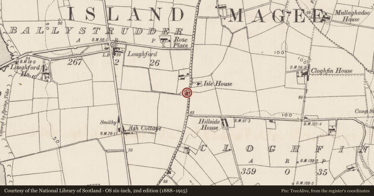 Ordnance Survey six-inch map, 2nd edition (1888–1915) covering the location of Woodbine Cottage, Ballystrudder, Mid and East Antrim, with a pin at the register's coordinates