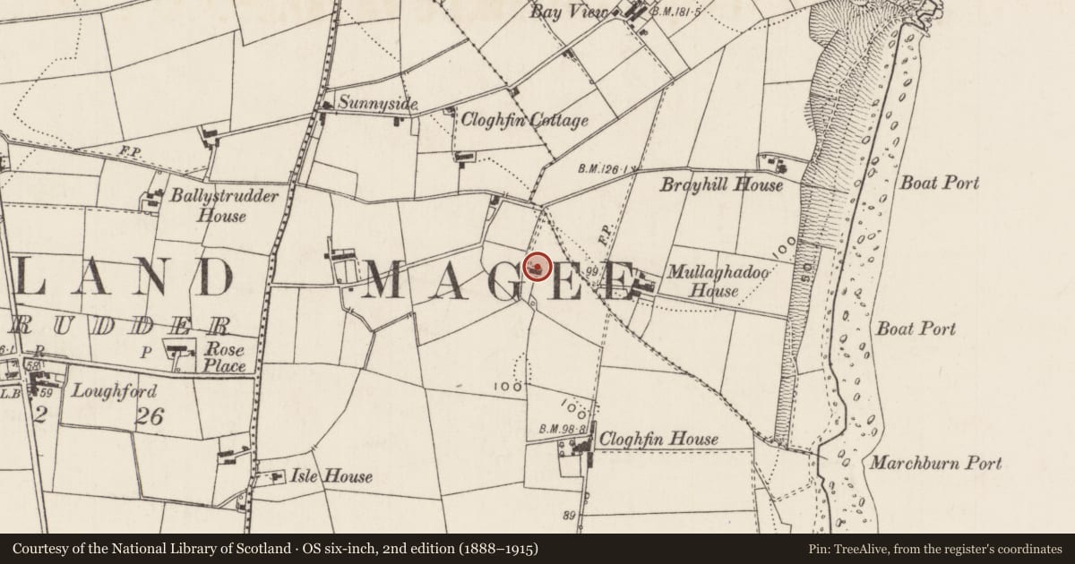 Ordnance Survey six-inch map, 2nd edition (1888–1915) covering the location of Marburn Cottage, Cloghfin, Mid and East Antrim, with a pin at the register's coordinates