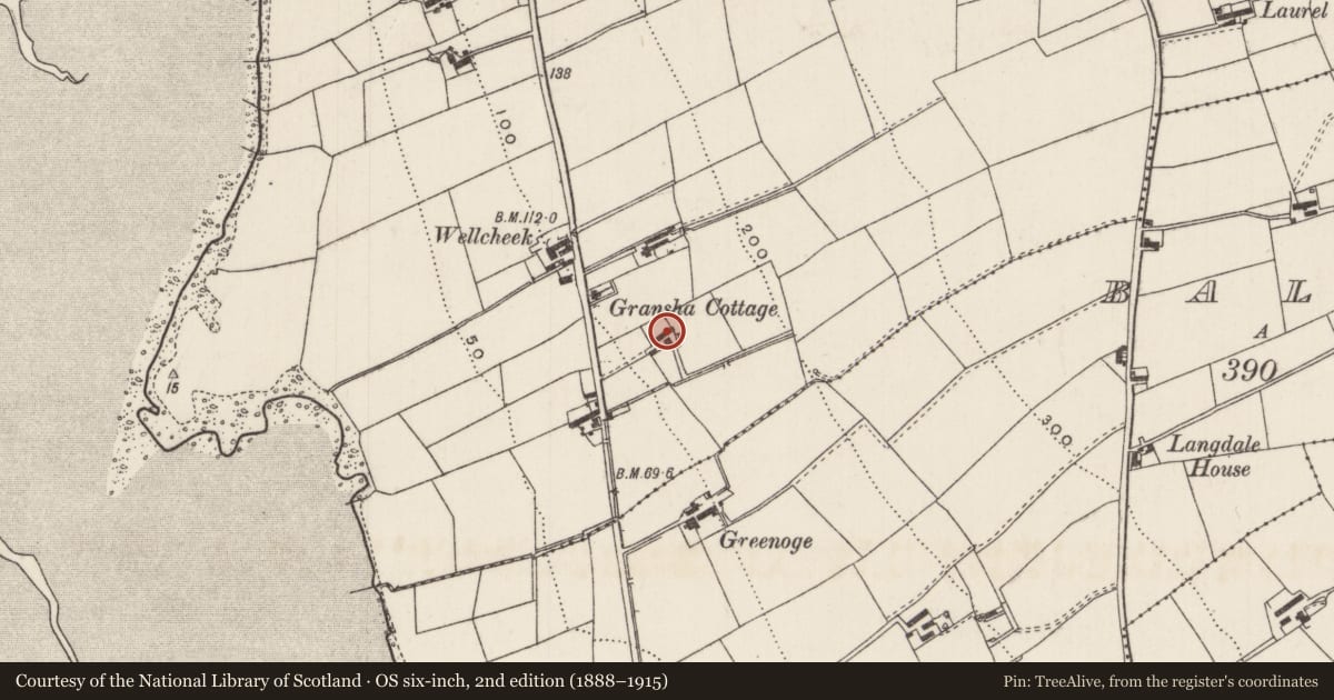 Ordnance Survey six-inch map, 2nd edition (1888–1915) covering the location of 83 Low Road, Gransha, Mid and East Antrim, with a pin at the register's coordinates