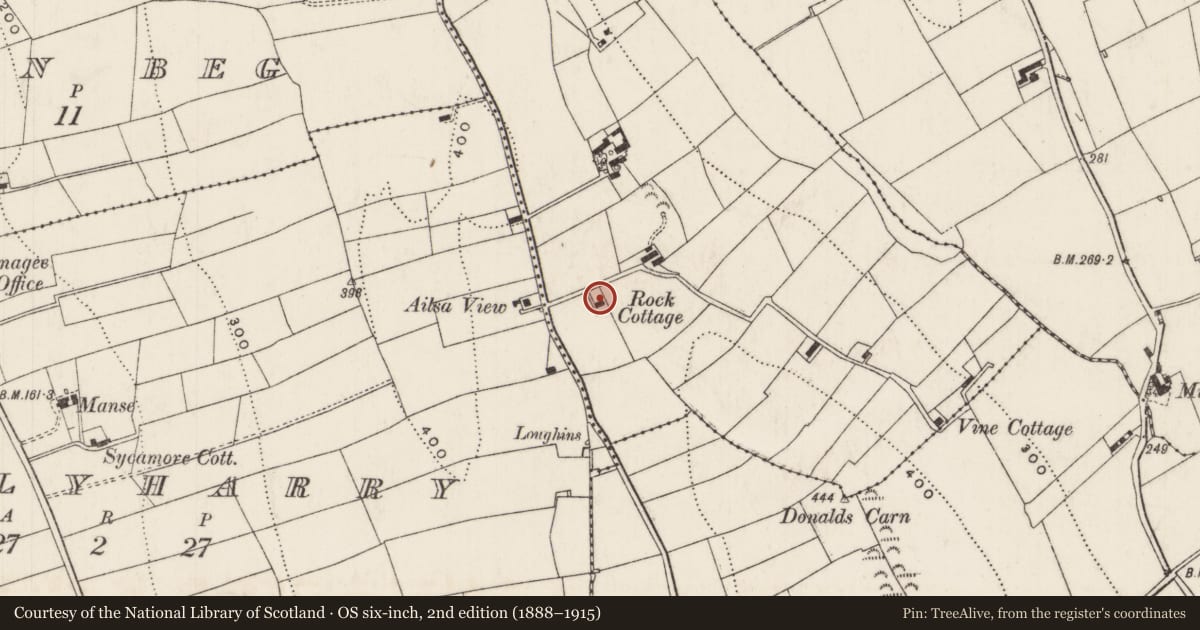 Ordnance Survey six-inch map, 2nd edition (1888–1915) covering the location of Rock Cottage, Ballymuldrogh, Mid and East Antrim, with a pin at the register's coordinates
