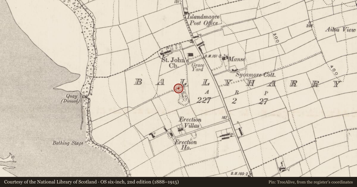 Ordnance Survey six-inch map, 2nd edition (1888–1915) covering the location of Lime Kilns at +, Ballyharry, Mid and East Antrim, with a pin at the register's coordinates